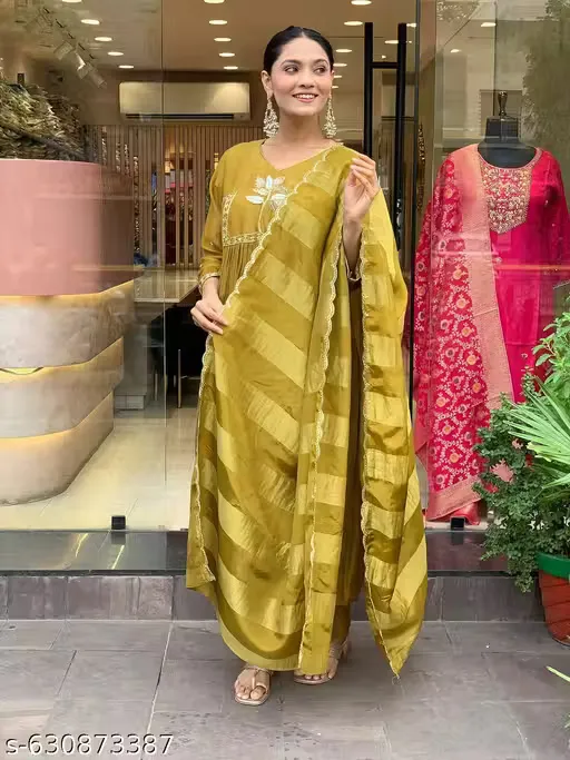 Women's Latest Embroidered Silk Anrkali Gown Kurta set with Pant and Silk Embroidered Dupatta