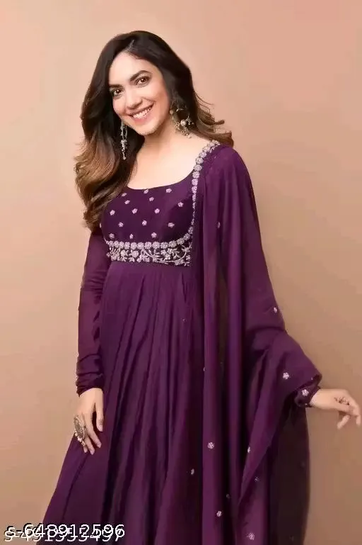 LATEST KURTA SET, Kurta With Dupatta Anarkali Trendy Latest Dark Wine Pure Gerogette Gown Embroidery Dupatta New Fashion