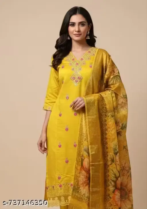 Yellow Embroidered Rayon Kurti Set with Organza Dupatta.
