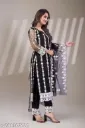 Elegant Black and White Embroidered Kurti Set – Designer Anarkali Style with Sheer Sleeve & Dupatta