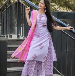 Pink White Printed Cotton Kurti