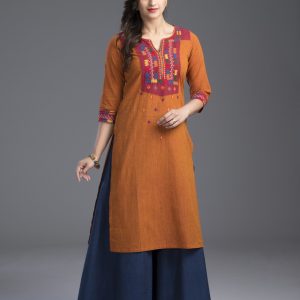 Orange Blue Cotton Folk Art Printed Kurti