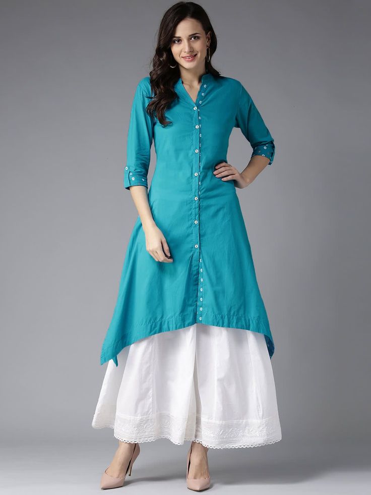 Orange Blue Cotton Folk Art Printed Kurti - Image 2