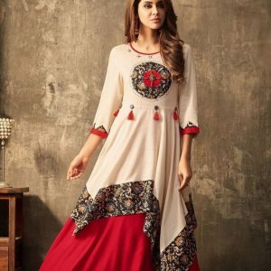 White Red Bandhej Cotton Printed Kurti